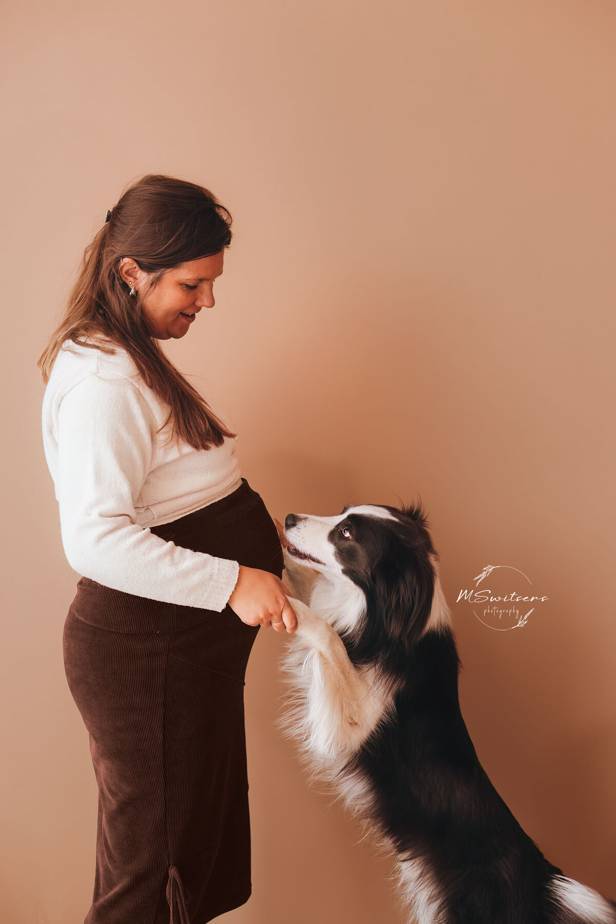 Zwangerschapsfoto's met je hond tijdens een fotoshoot. Dit kan in de daglicht studio te Geel, België