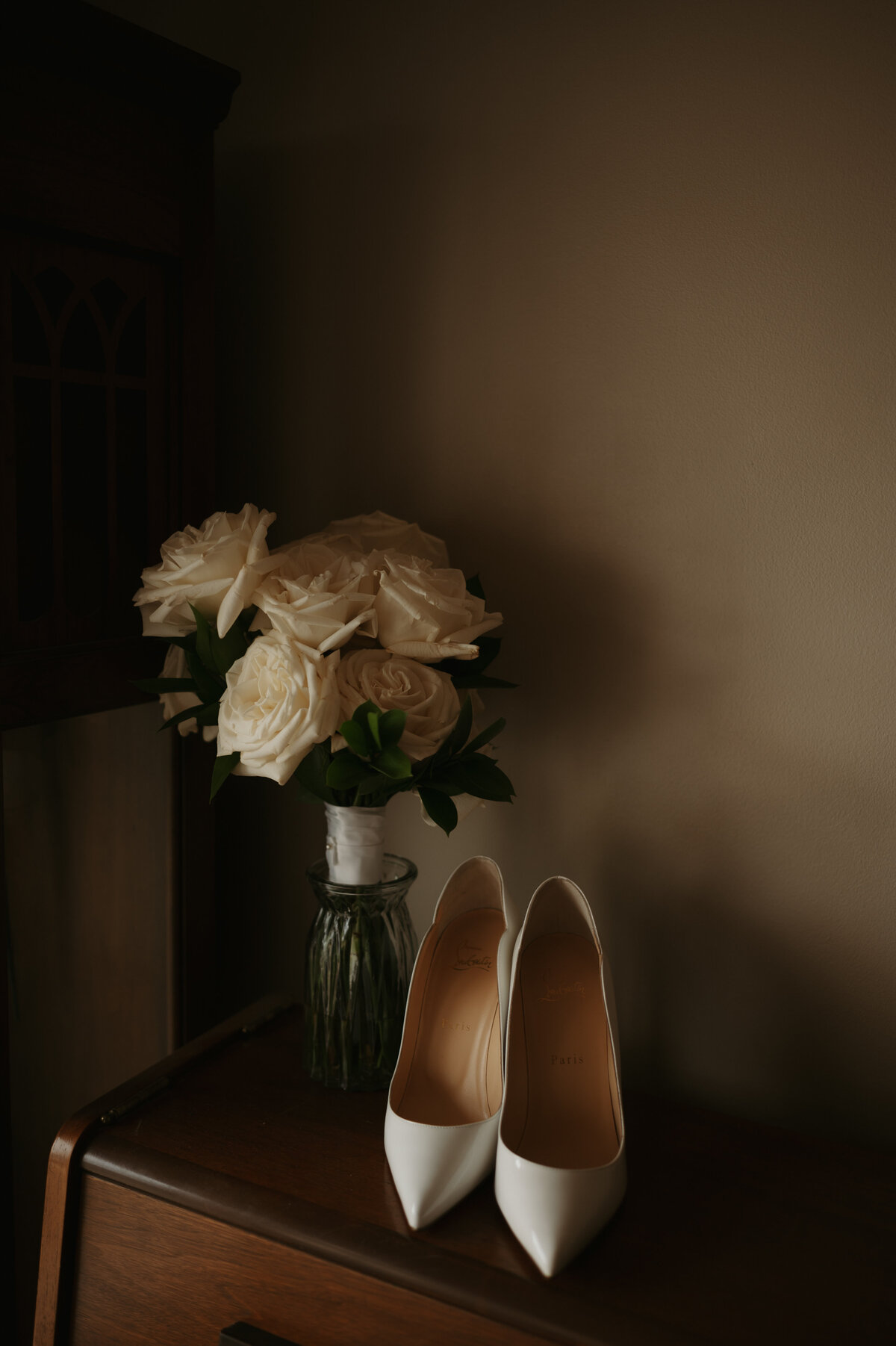 flowers and shoes on wedding morning 