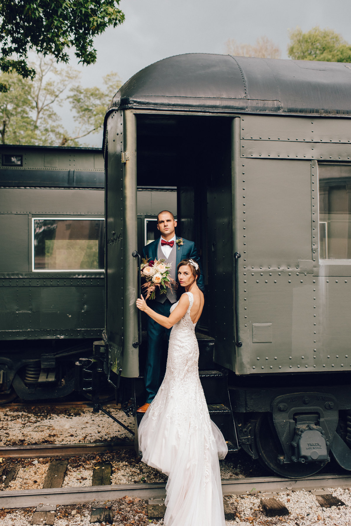 Bride and groom on train