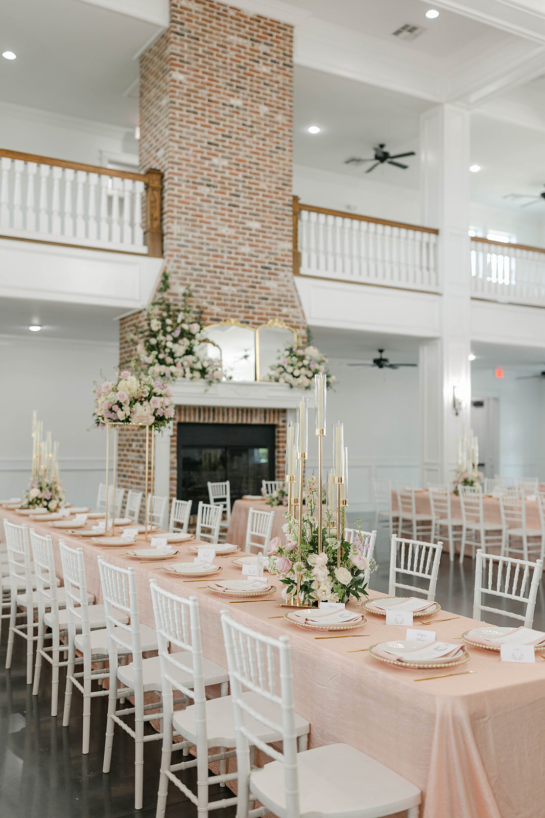 Romantic southern charm wedding flowers and gold candleabras