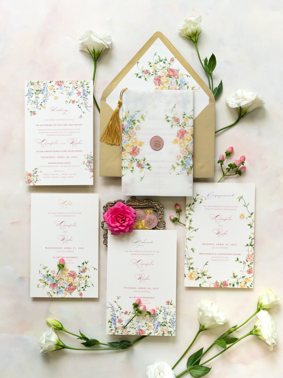 Spring florals Hindu wedding invitation 8