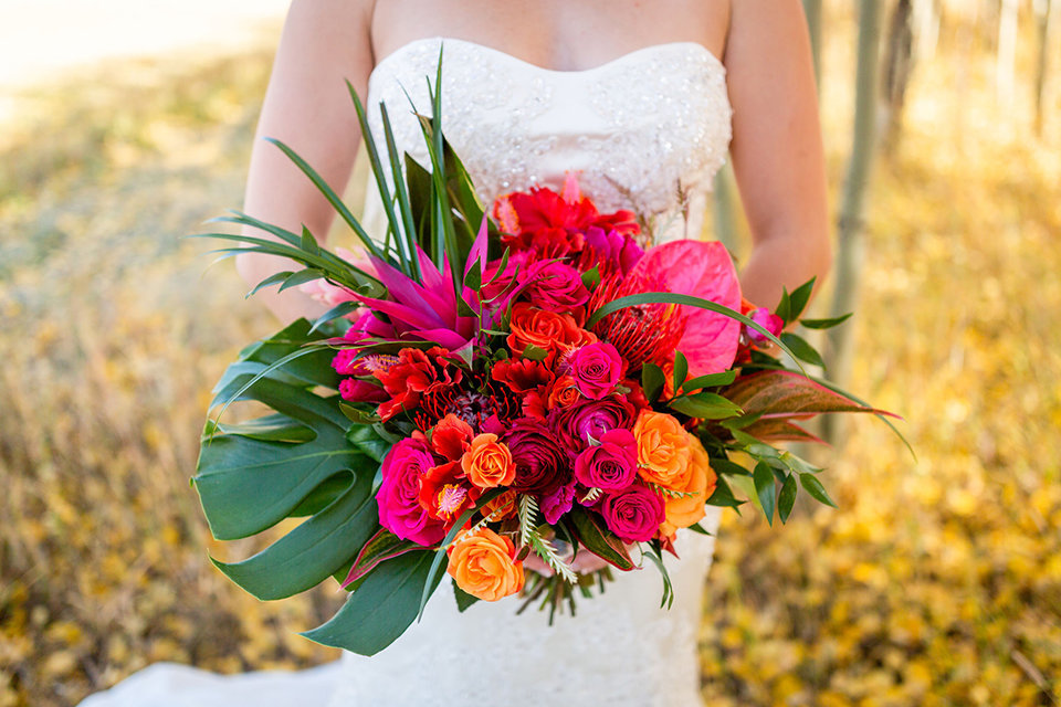 granby-colorado-Strawberry-Creek-Ranch-Wedding-Ashley-McKenzie-Photography-tropic-meets-mountain-wedding-colorful-amazing-bridal-bouquet