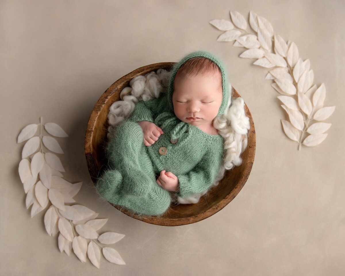 Newborn girl in prop with leaves at newborn photography wellington studio.