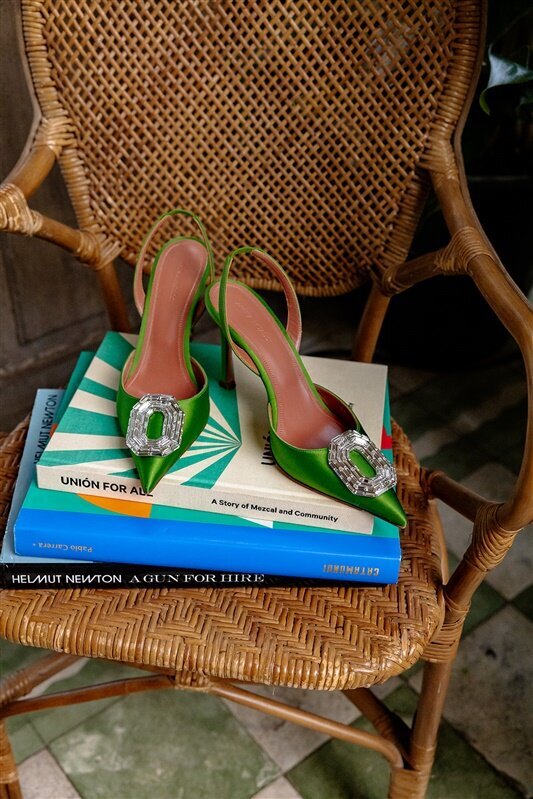 Green wedding heels with rhinestones