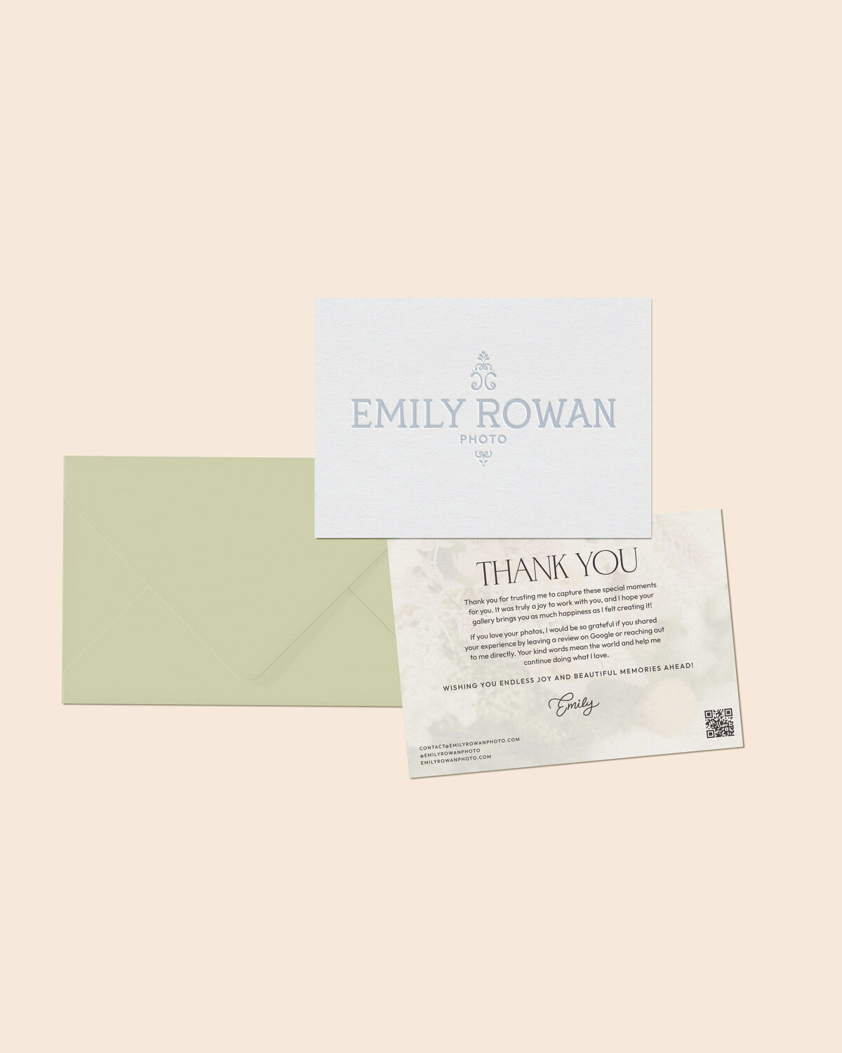 On brand thank you card and brand stationery suite featuring soft pastels, serif typography, and a personalized message