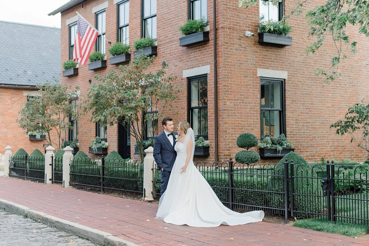 Ohio Wedding Photographer poses bride and groom in downtown Columbus, Ohio