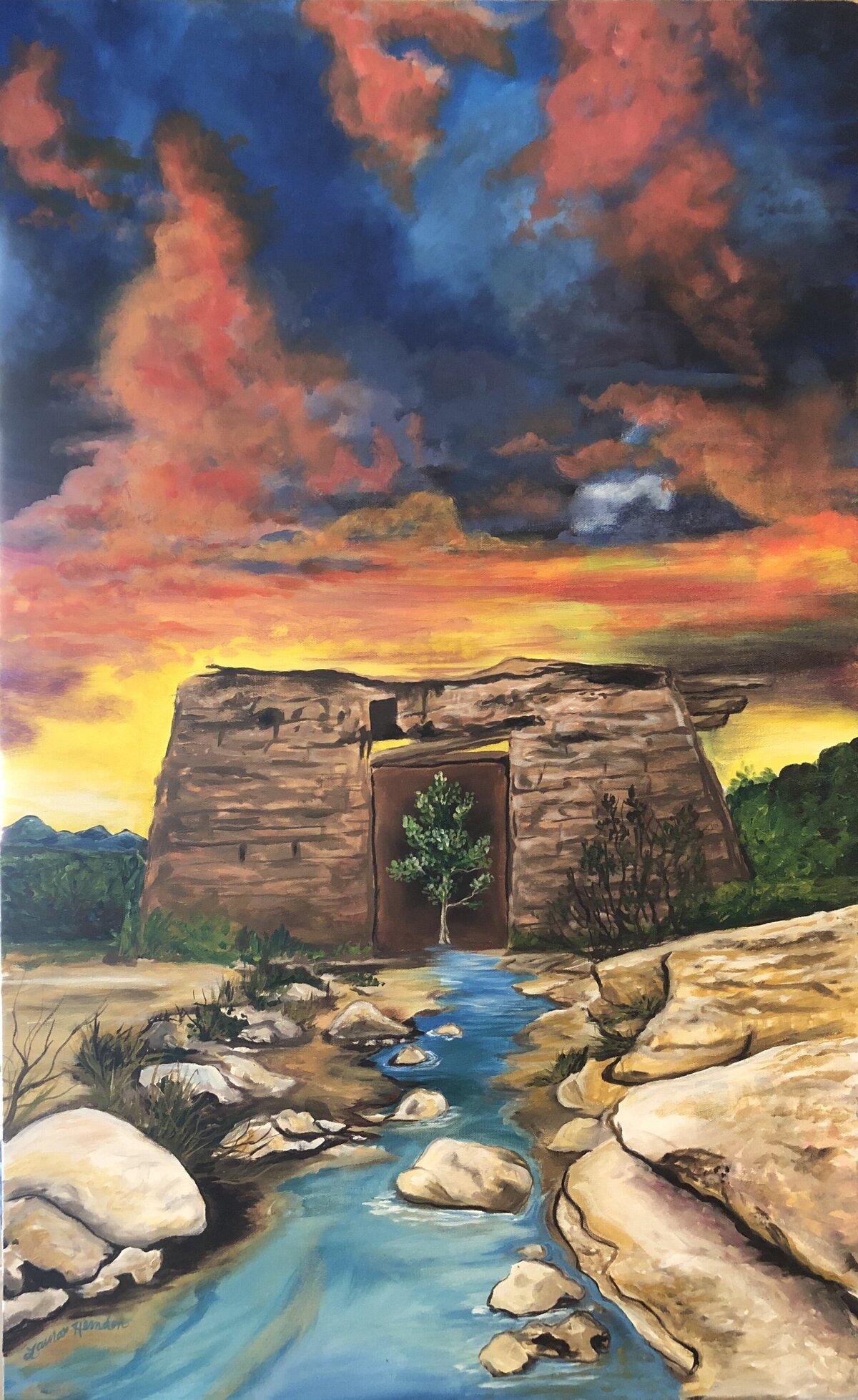 custom southwest painting of new mexico ruins and stream