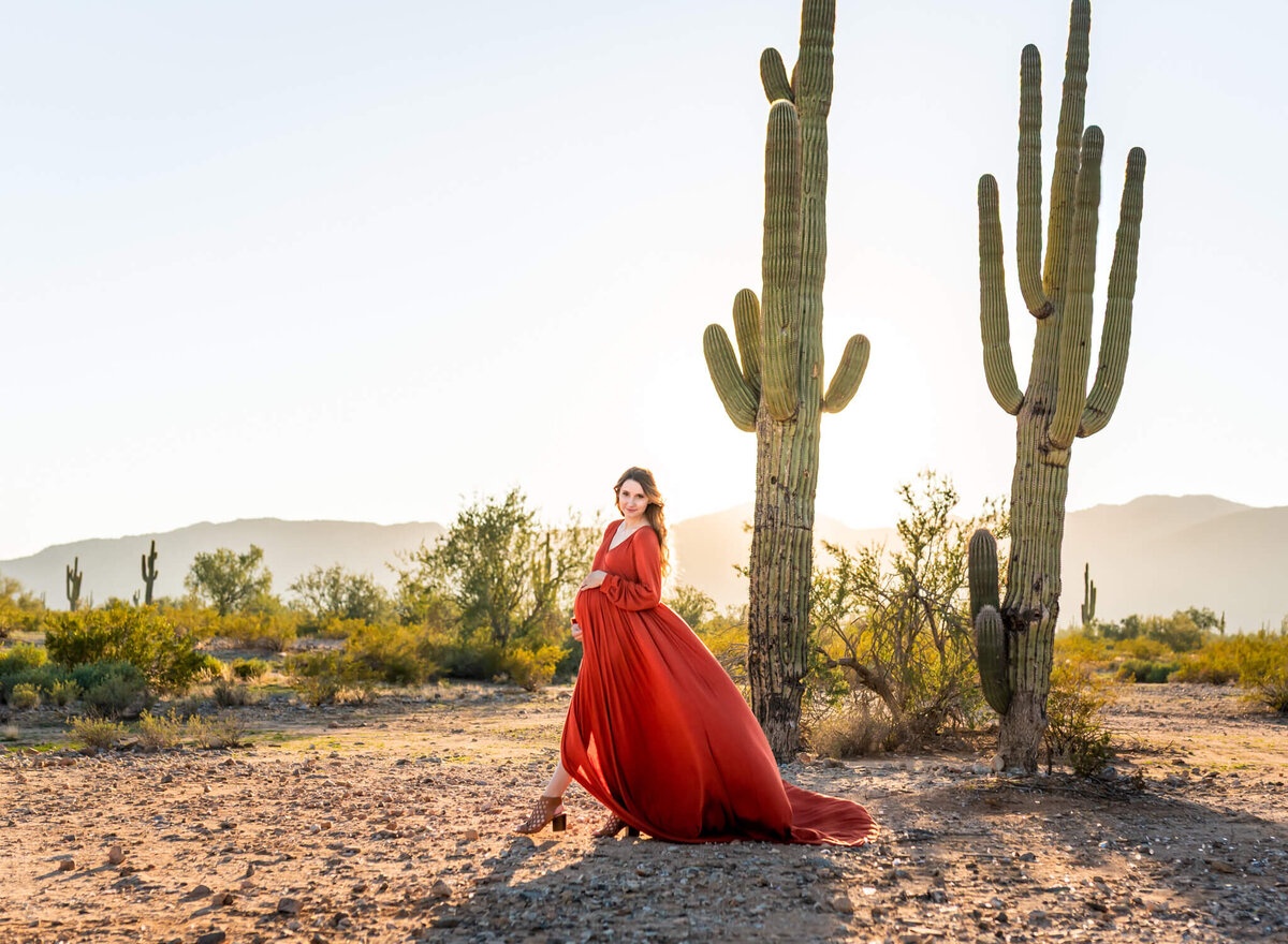 maternity session for mom-to-be wearing rust red dress in Arizona 