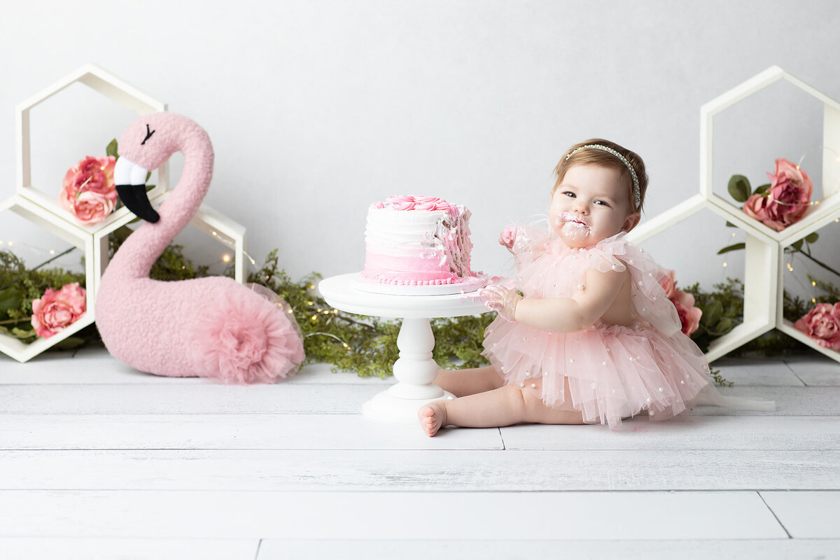 Dallas baby milestone photographer captures a cake smash session with a baby girl in a pearl pink dress, frosting on her face, sitting beside a pink ombré cake and whimsical flamingo decor.