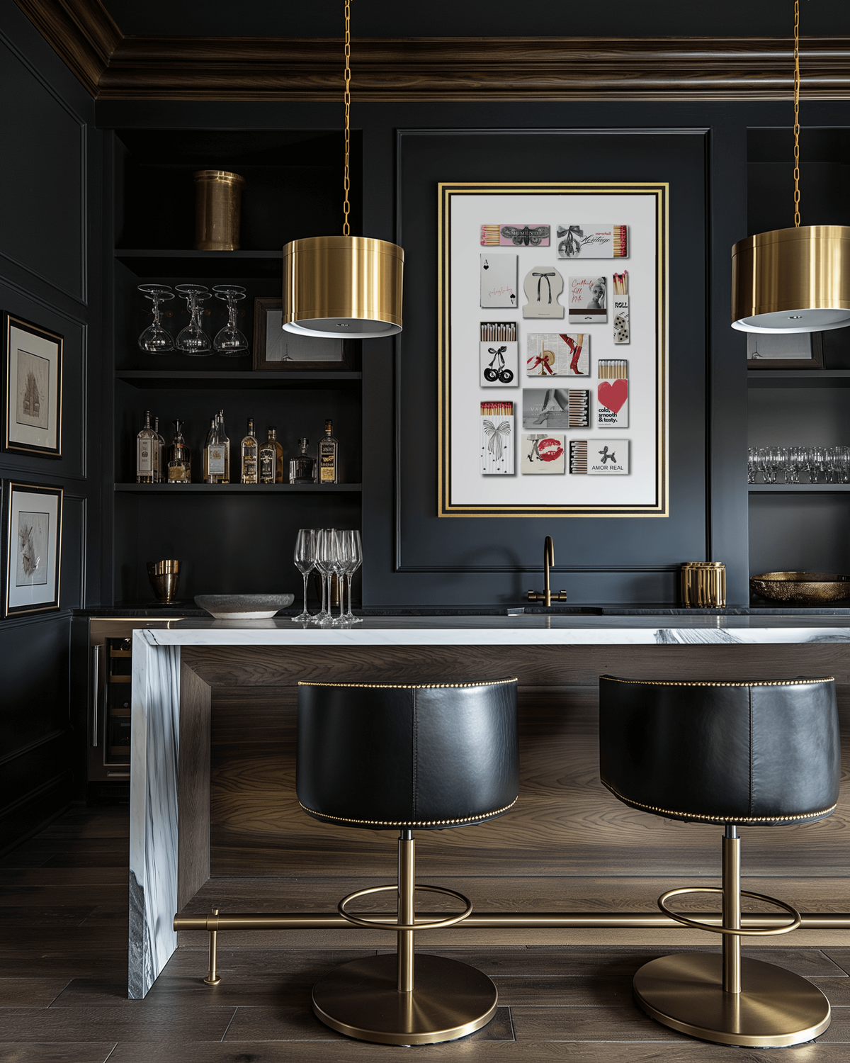 A modern home bar with black walls, gold accents, two black and gold barstools, shelves with bottles and glasses, and framed artwork above the counter showcases a touch of Sweet Pea Ink Designs brand design flair.