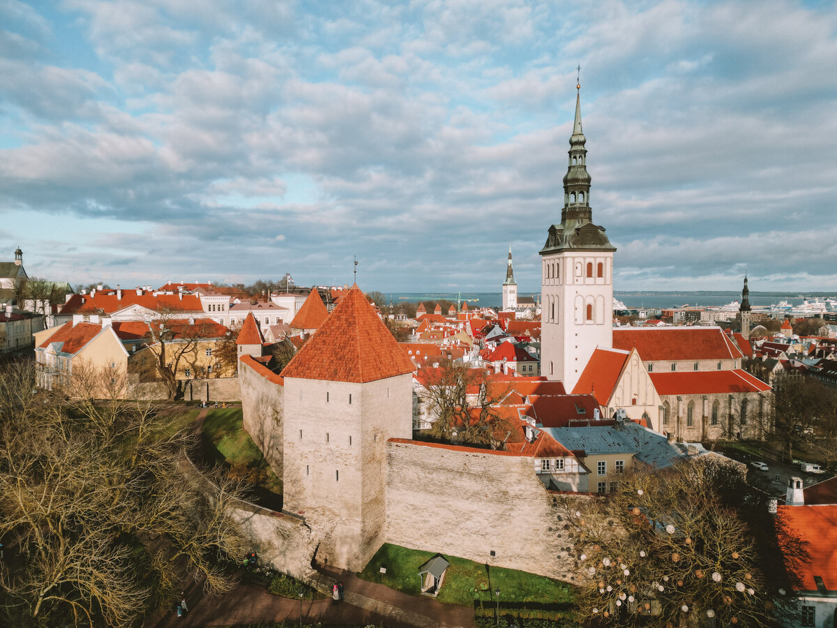 Drone shot of Tallinn's old town walls in Estonia