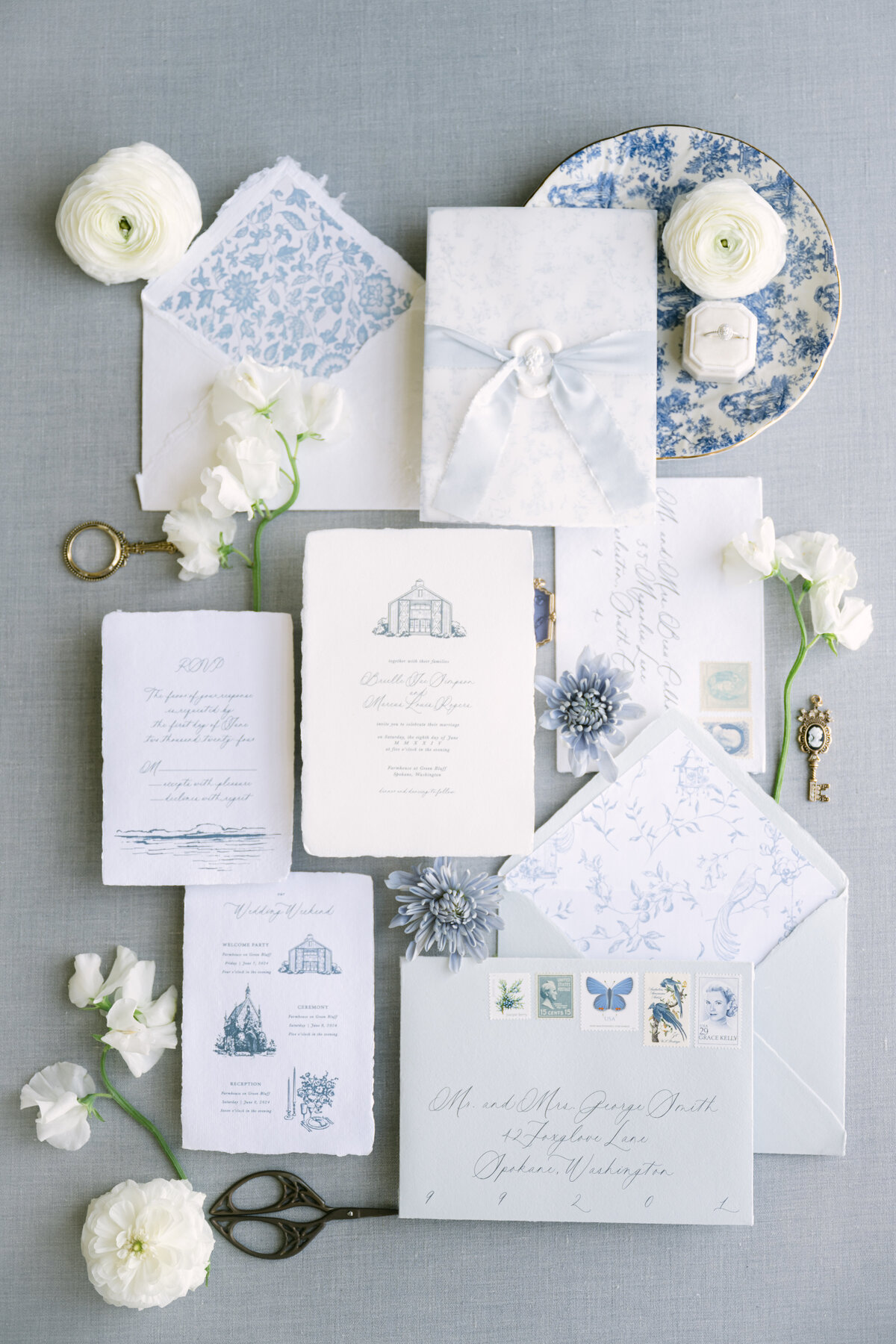 formal wedding invitation suite and flower details