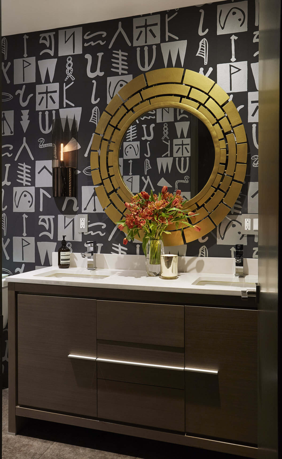 seamless pattern bathroom wall tile with mirror + classic counter cabinets