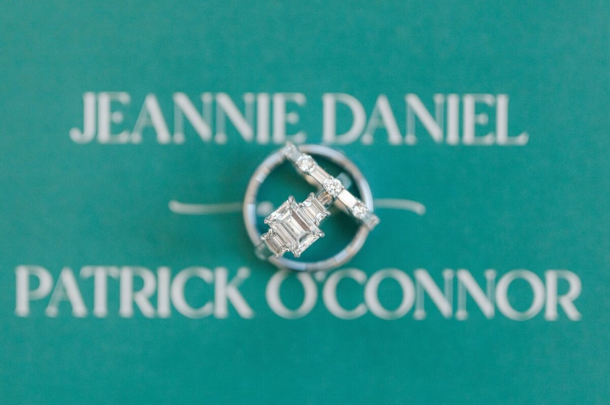 A macro photo of two wedding rings on top of a green wedding invitation