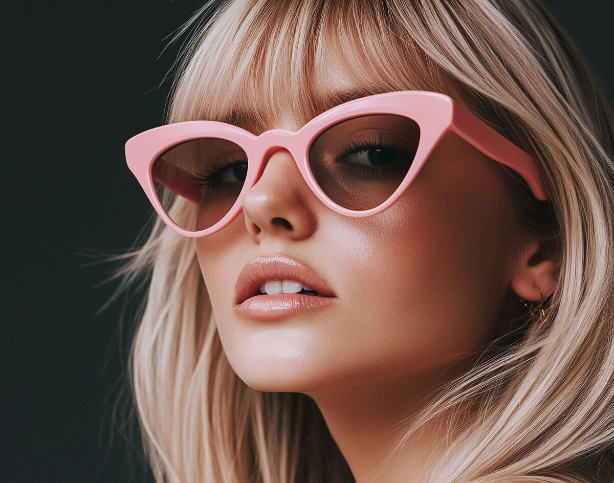 Bold blonde woman with light pink cat eye glasses