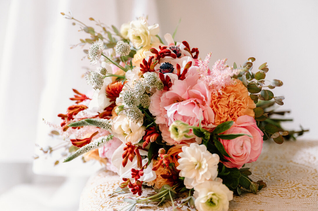 flower bouquet with pink, orange, and white flowers