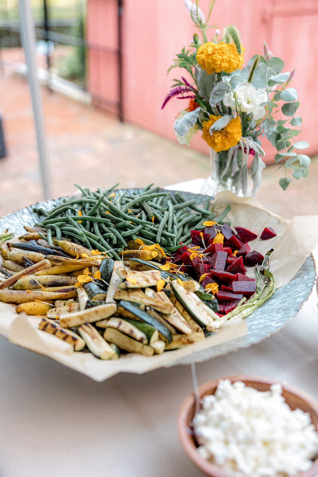 Close up of wedding food with flowers