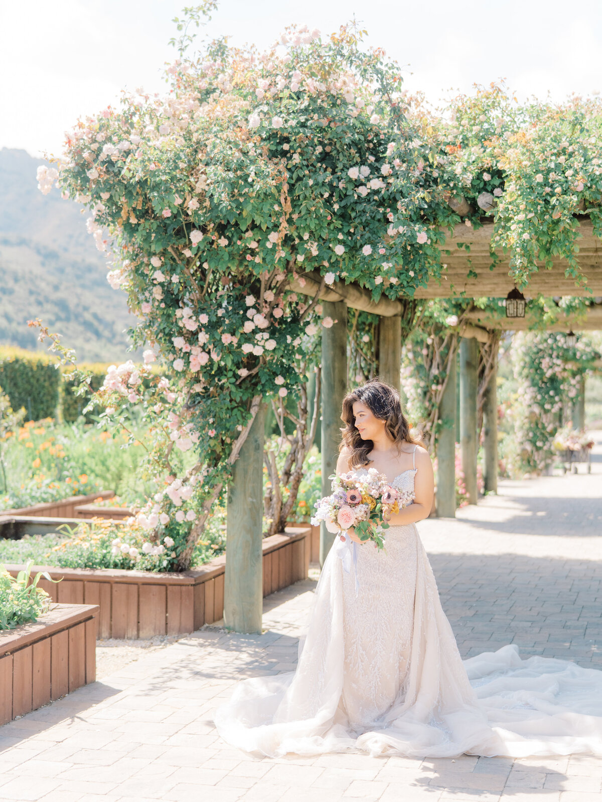 bride holding her bouquet and standing under an arbor of roses