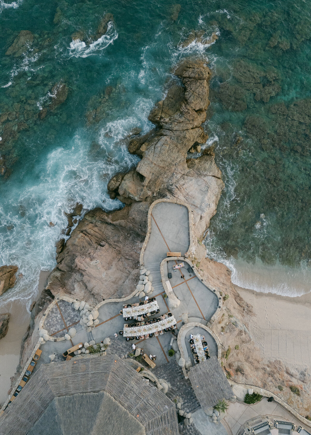 aerial view of beachside wedding reception