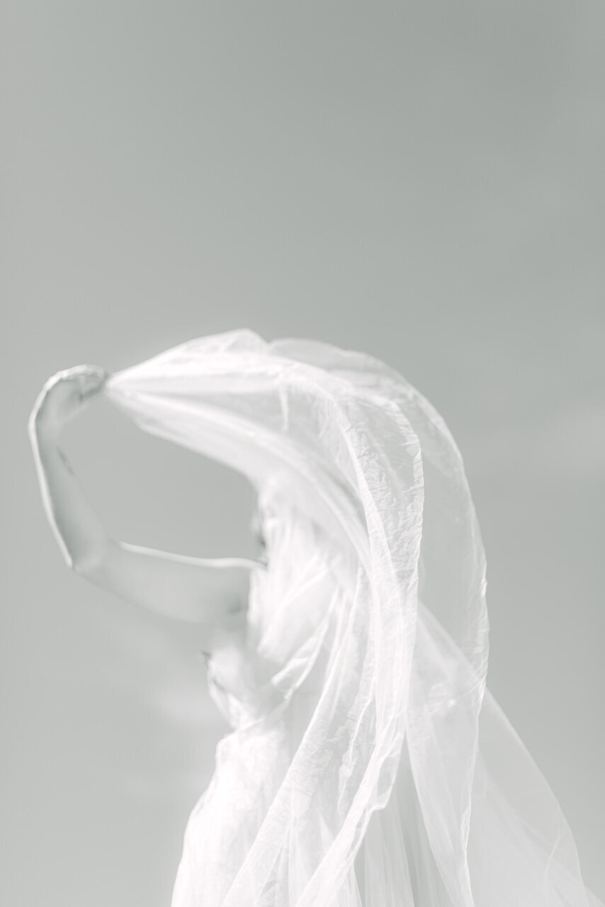An ethereal black-and-white portrait of a woman gracefully lifting a translucent veil against the sky, captured in a refined editorial style by Elizabeth Kane Photography—serving Philadelphia, New York, and DC.