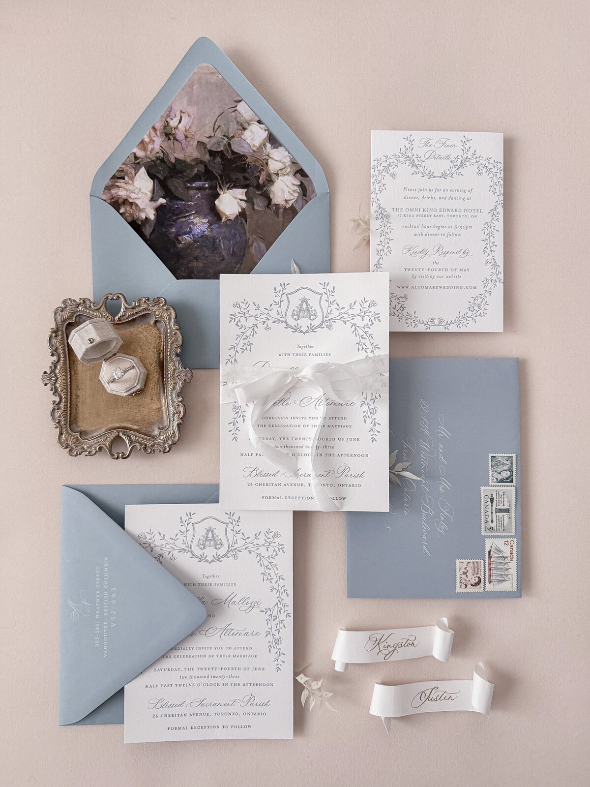 Fine art custom wedding invitation suite with letterpress and silk ribbon