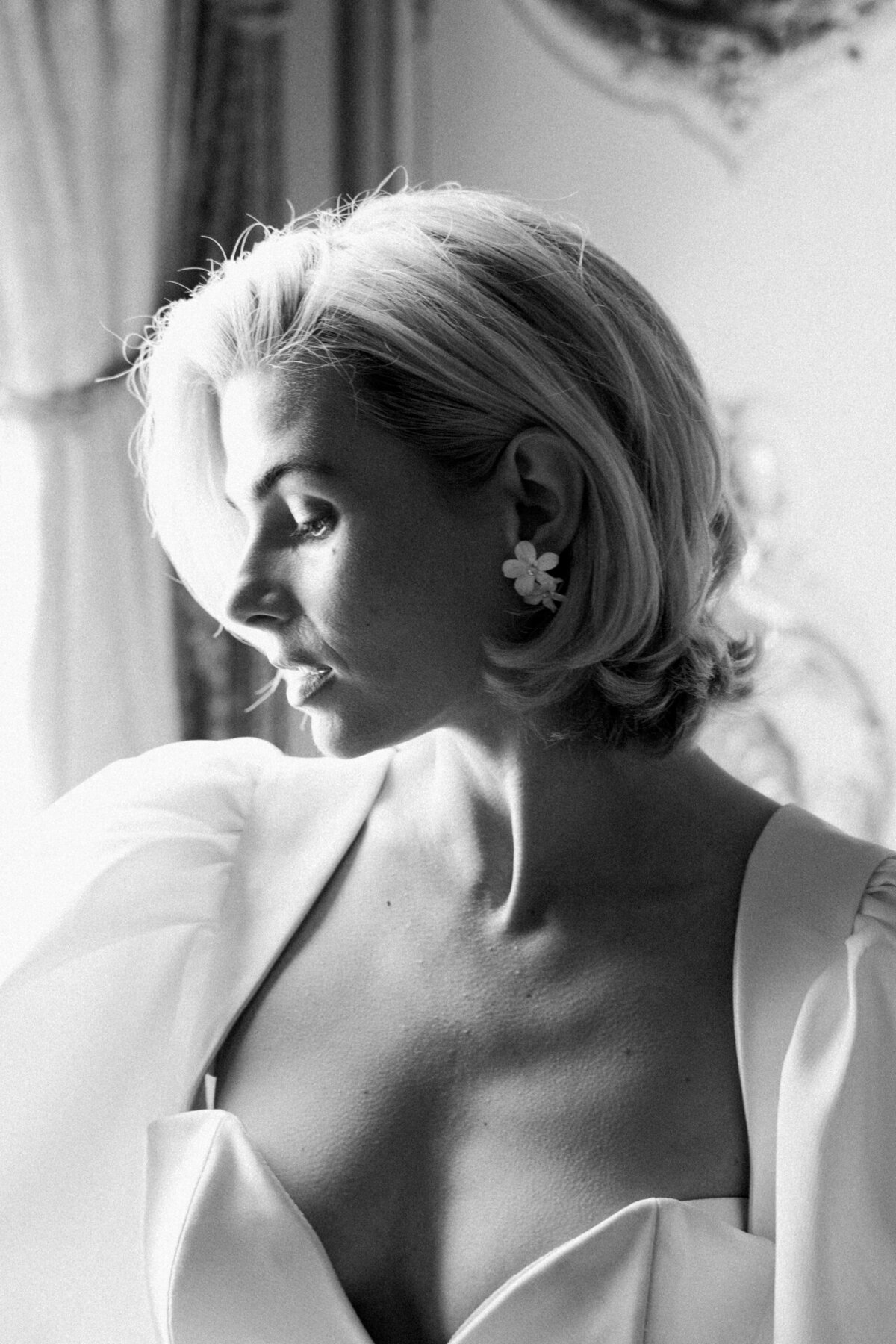 close up portrait of a bride in black and white