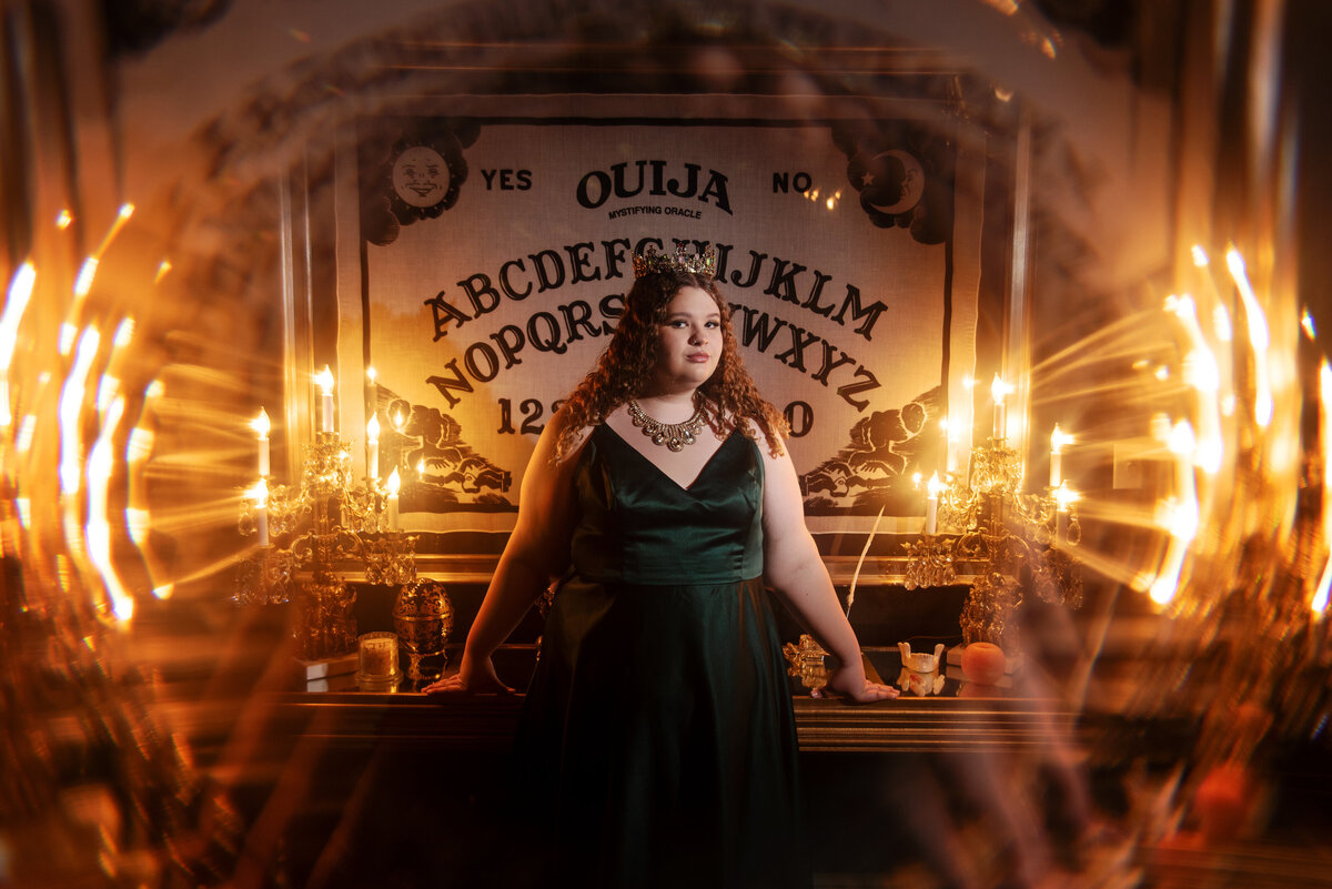 st-louis-senior-photographer-teen-girl-in-green-gown-in-front-of-ouija-board-mirror