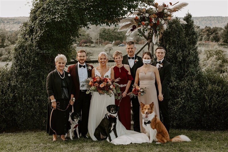 Bride and her family and dogs