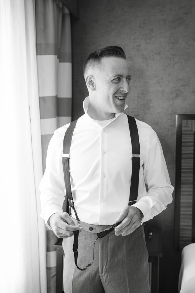 black and white portrait of groom - Wadsworth Mansion wedding photographer Rachel Girouard