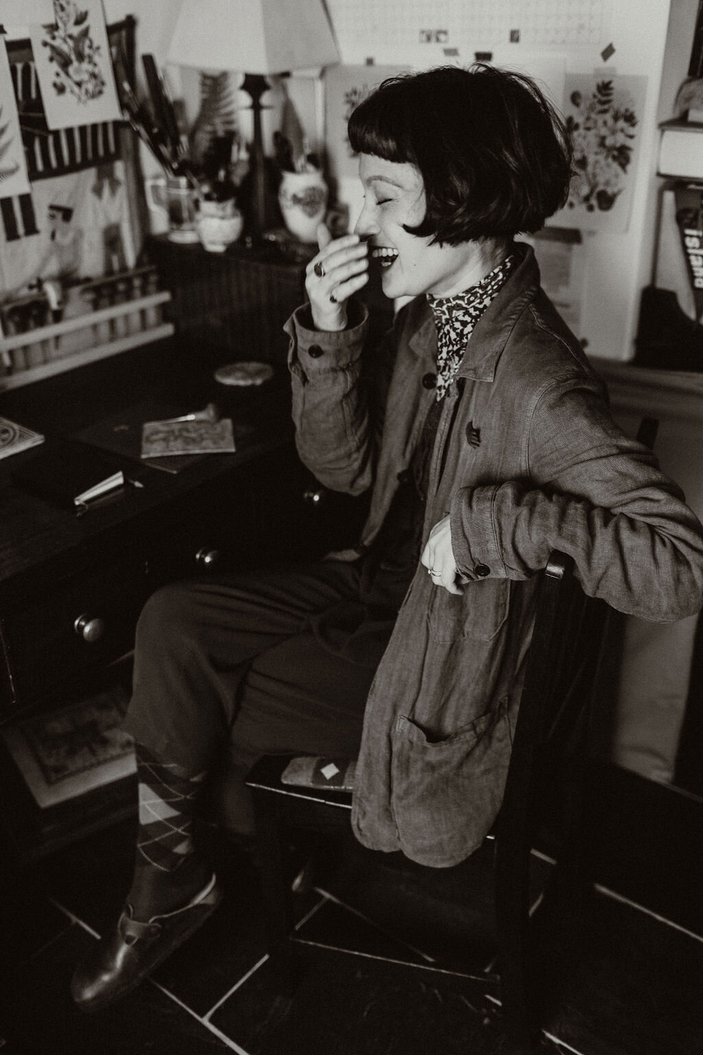 Black and White portrait of Rachel Snowdon at home