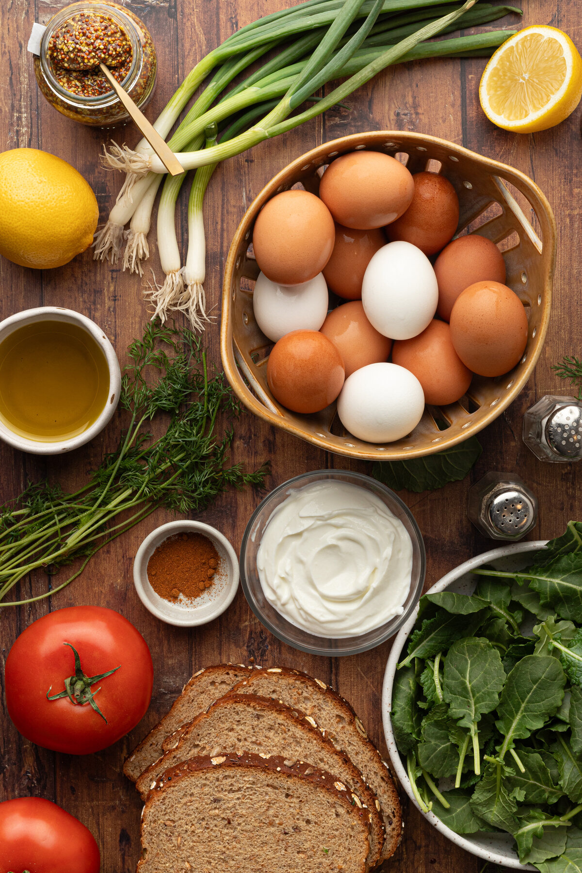flat lay of eggs and vegetables