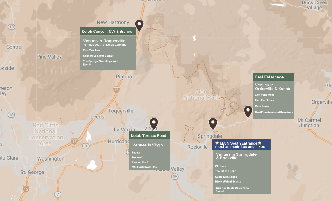 a map of the 4 areas of Zion National Park to show where the best venues are in the area. 