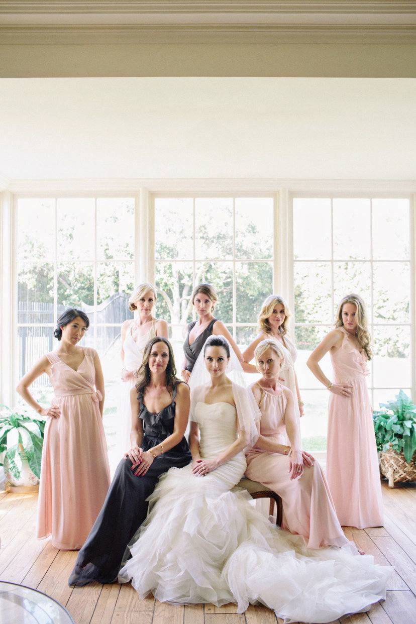 black, pink and white bridesmaid dresses