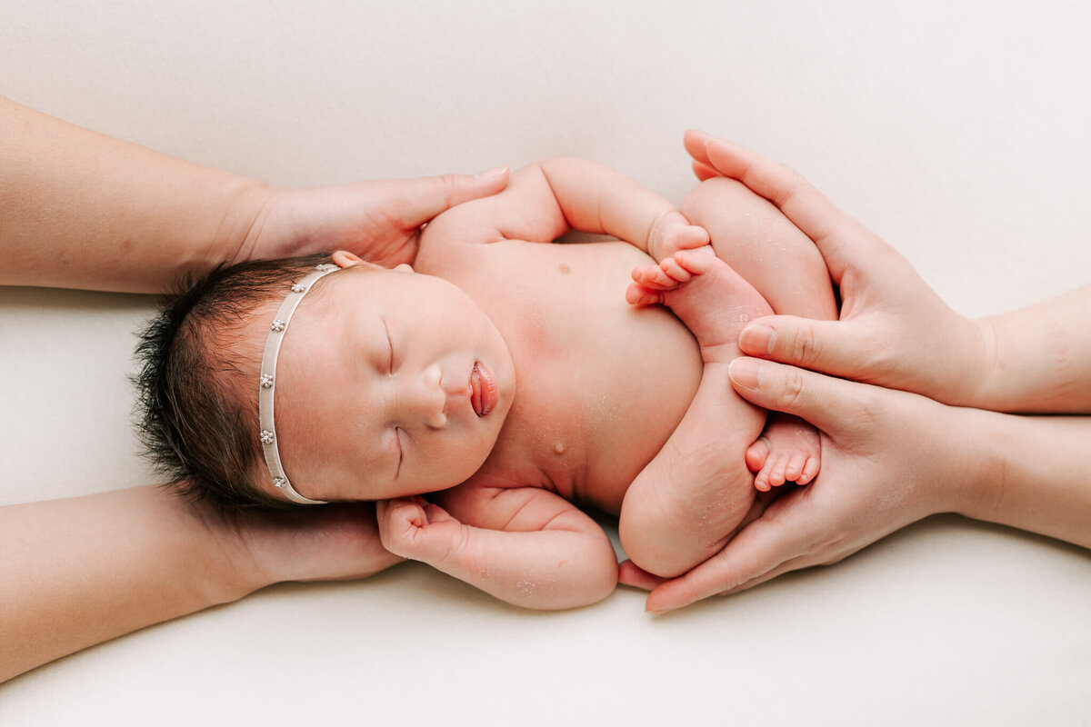 portrait of newborn girl with black hair in parents hands.