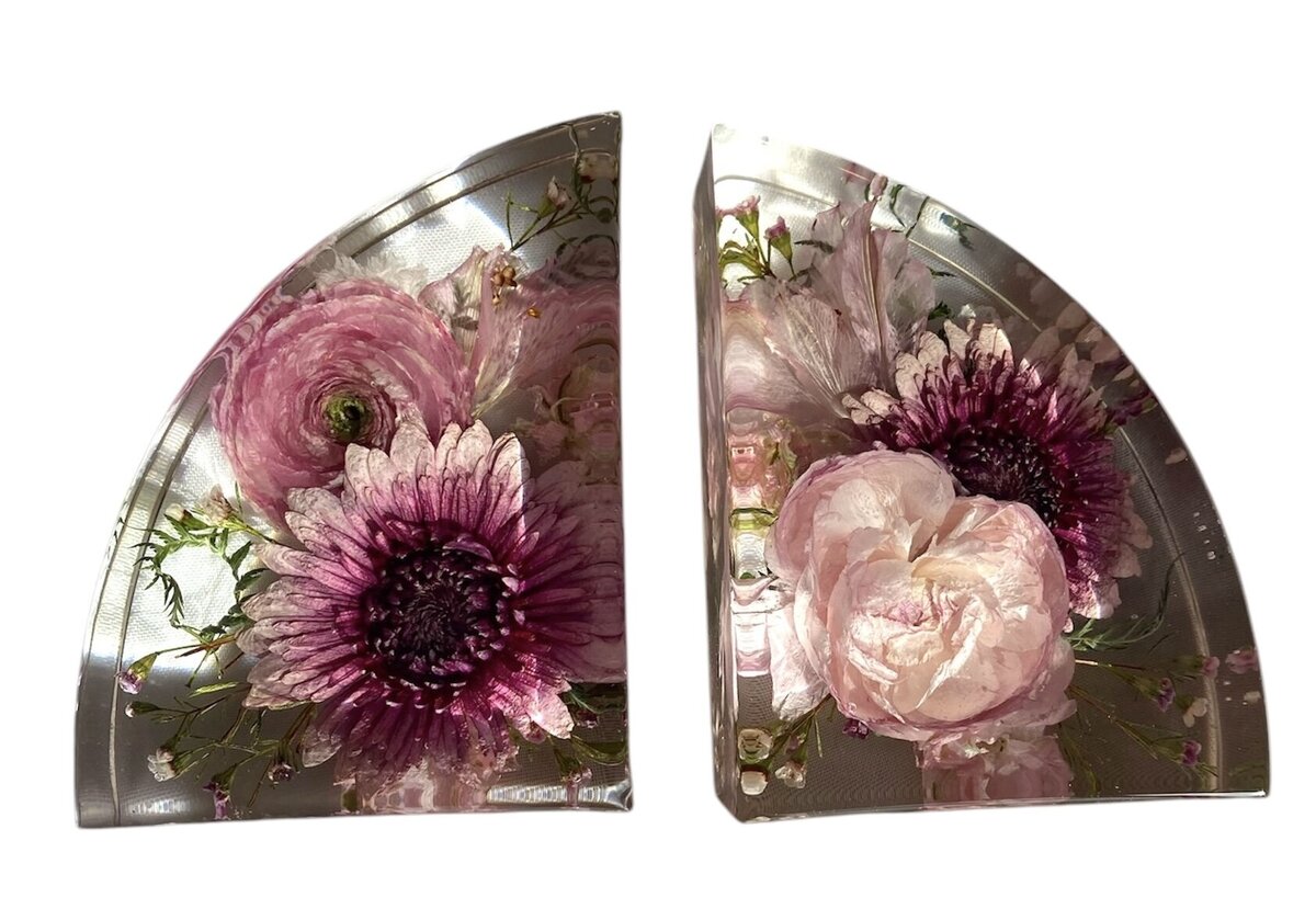 bookend resin block with burgundy and pink wedding bouquet preserved as a family heirloom