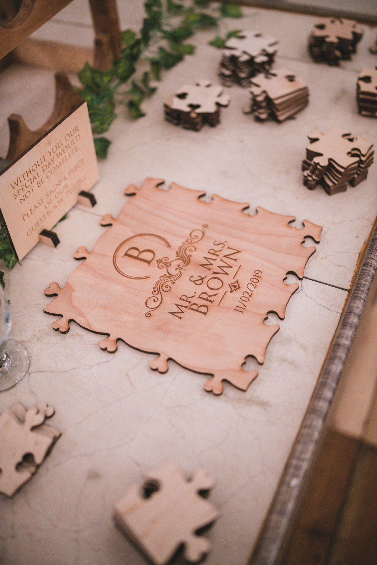 stationary puzzle sign from wedding reception at The Vineyards at Aquebogue