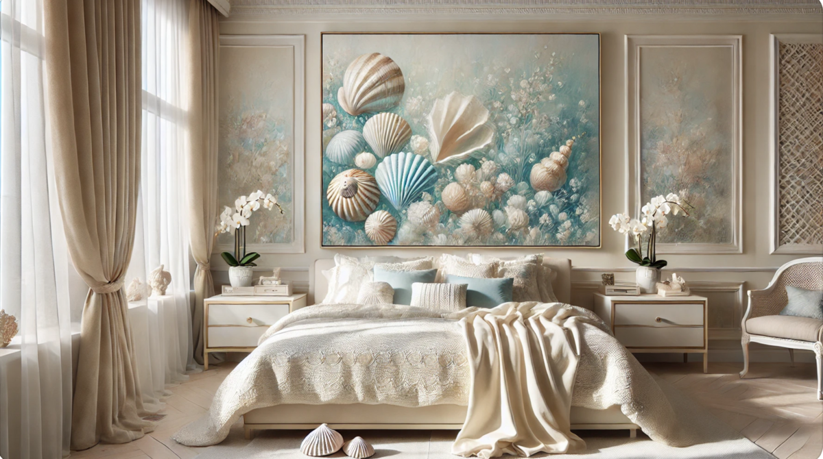 Seashell-Painting-in-calm-glamour-bedroom