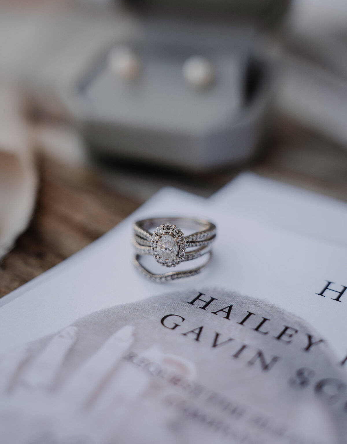 Wedding engagement ring on  white wedding invitation