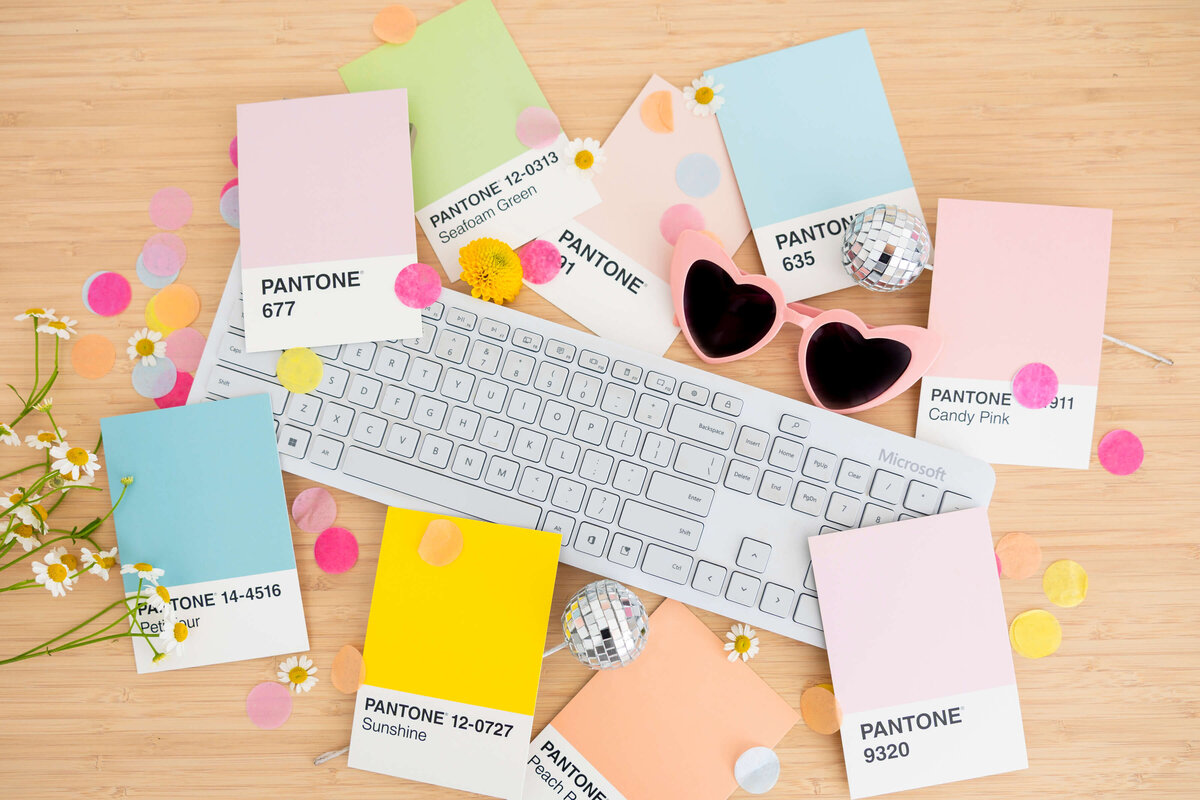 pastel, fun, branding for event planner flat lay