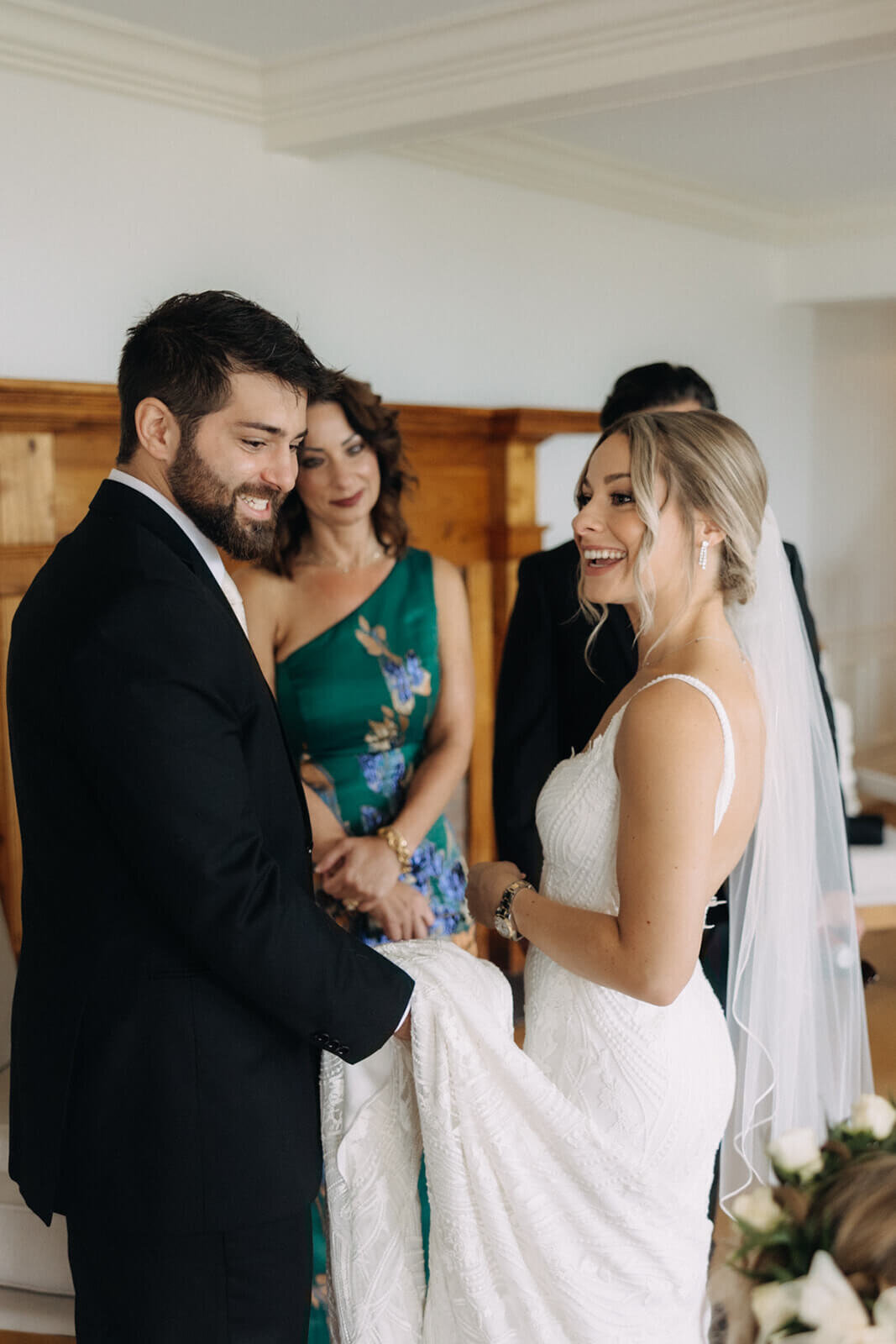 Bride and groom with wedding guests at Finger Lakes Wedding, NY