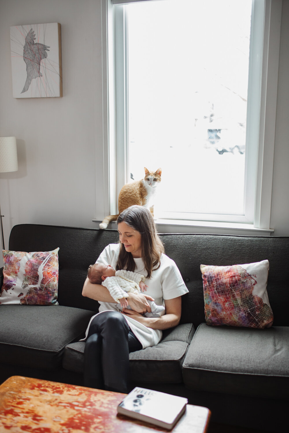 mom and newborn daughter sitting on couch with orange cat in window behind them