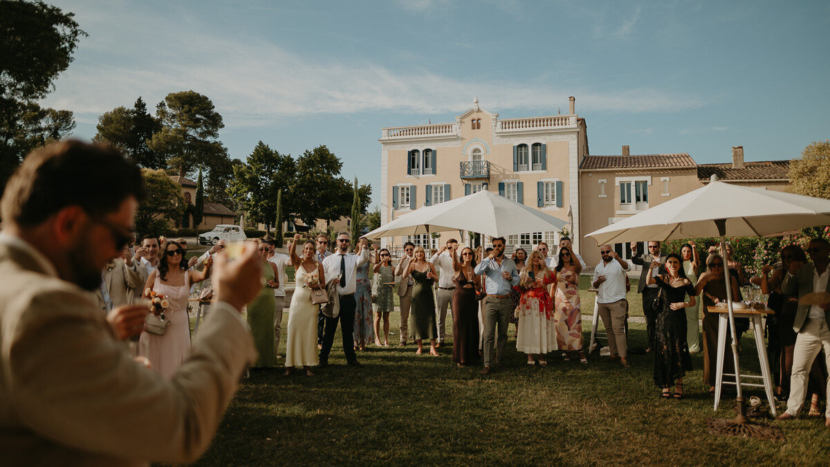 Drinks reception on the law at a wedding at Chateau Canet in Carcassonne.