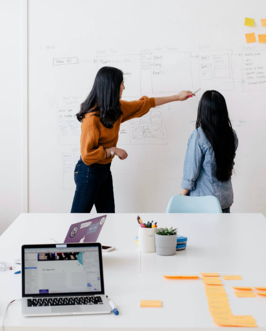 women brainstorming on a white board