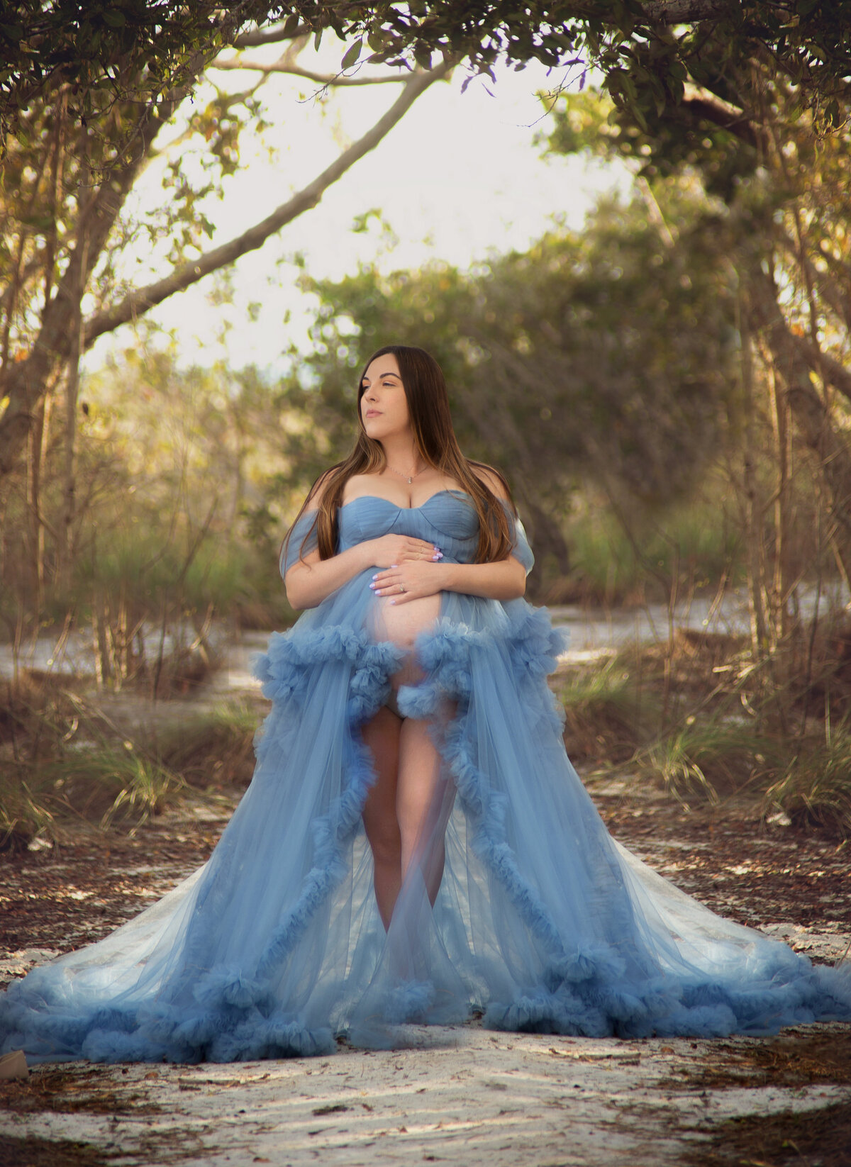 Women wearing blue maternity gown during maternity photoshoot with Franklin Tennessee maternity photographer