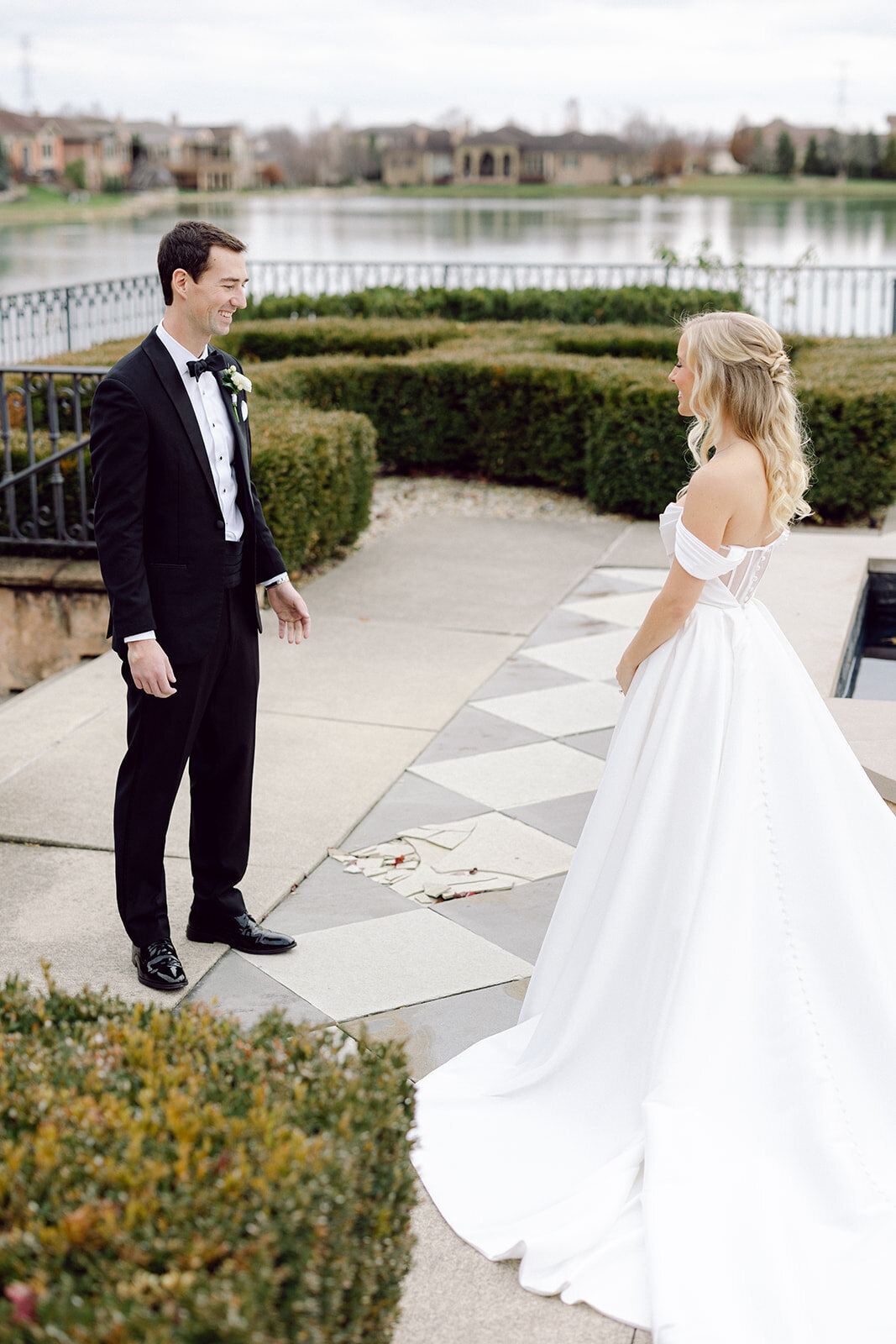 first look with the groom and the bride at a Columbus venue