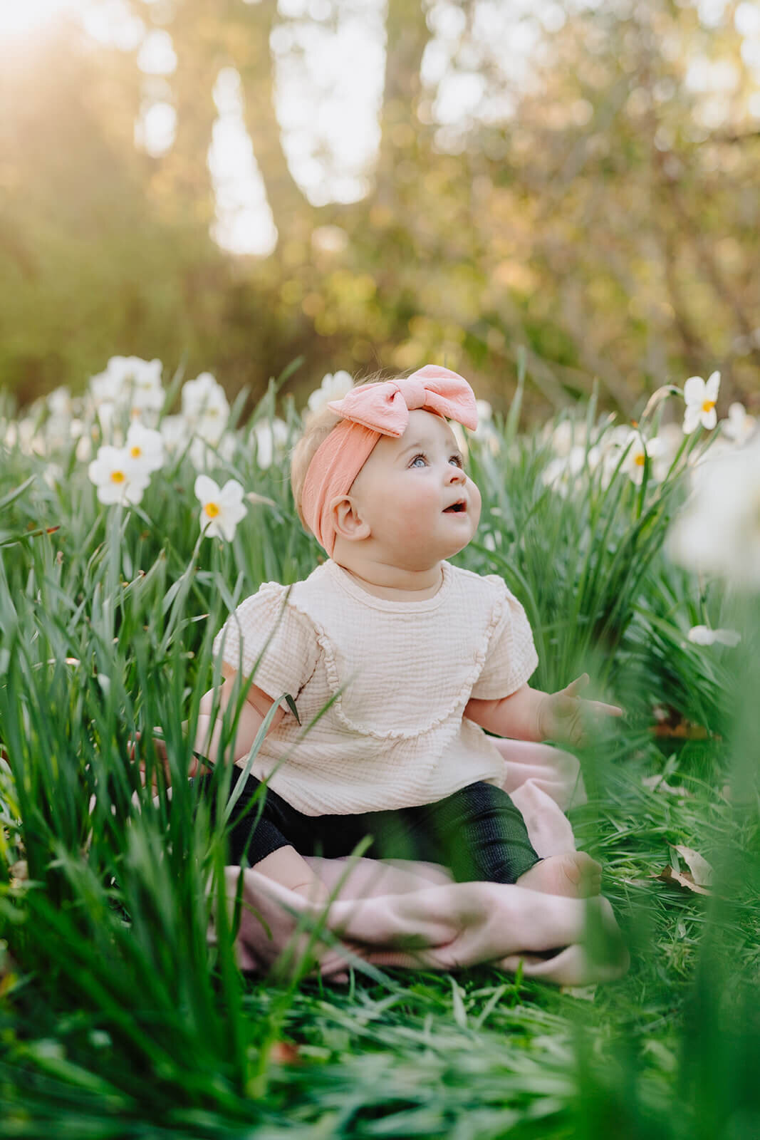 Baby sitting amongst flowers at family photo session in Finger Lakes, NY