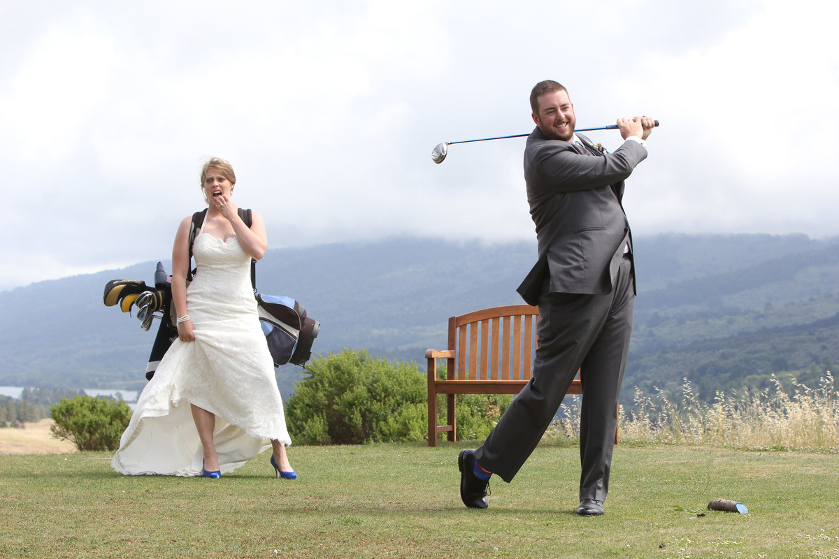 Hilarious shot of bride and groom playing golf