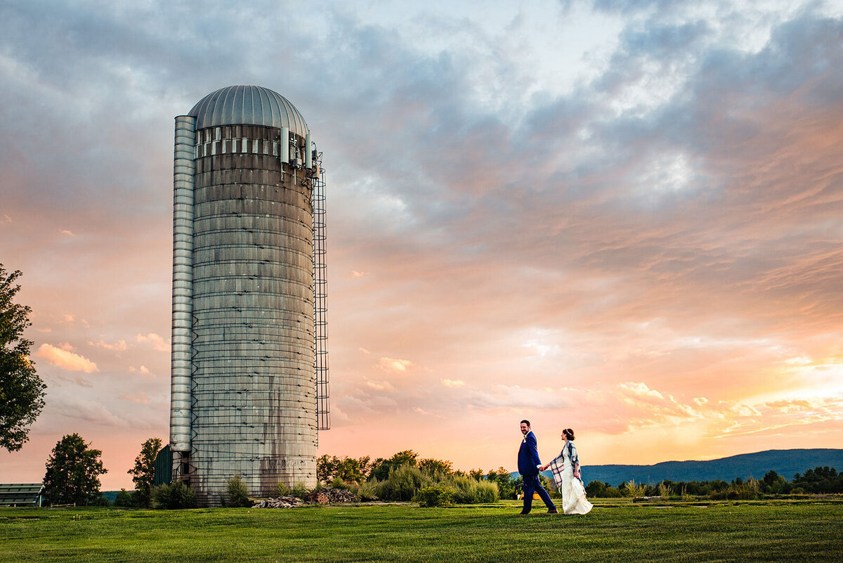 farm wedding sunset portrait with silo at tourterelle in new haven vermont wedding