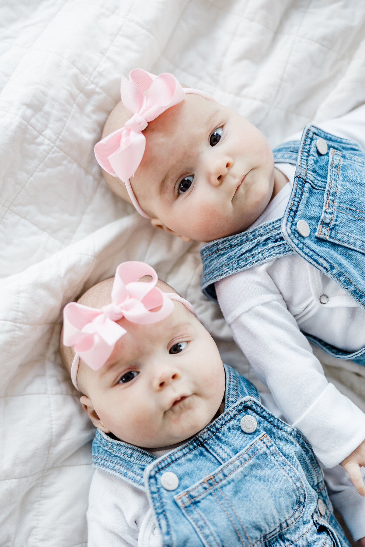 twin baby girls laying down during family photos in Indianapolis