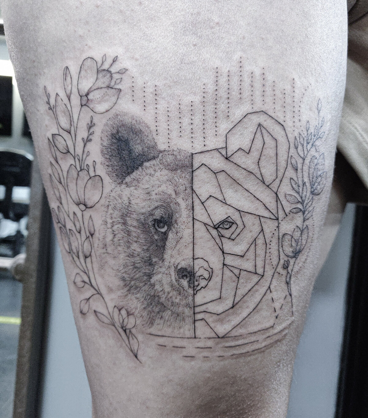 bear tattoo, dotwork tattoo, geometric tattoo, thigh tattoo